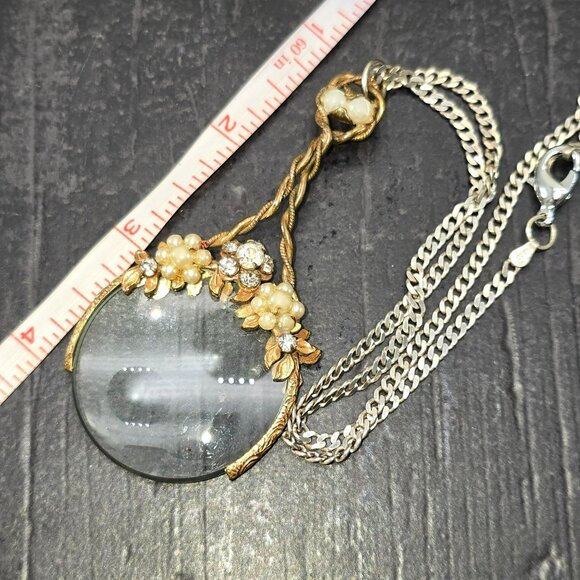 Vintage Gold-Tone Magnifying Glass Pendant Sterling Silver Necklace HS224 - Picture 4 of 11